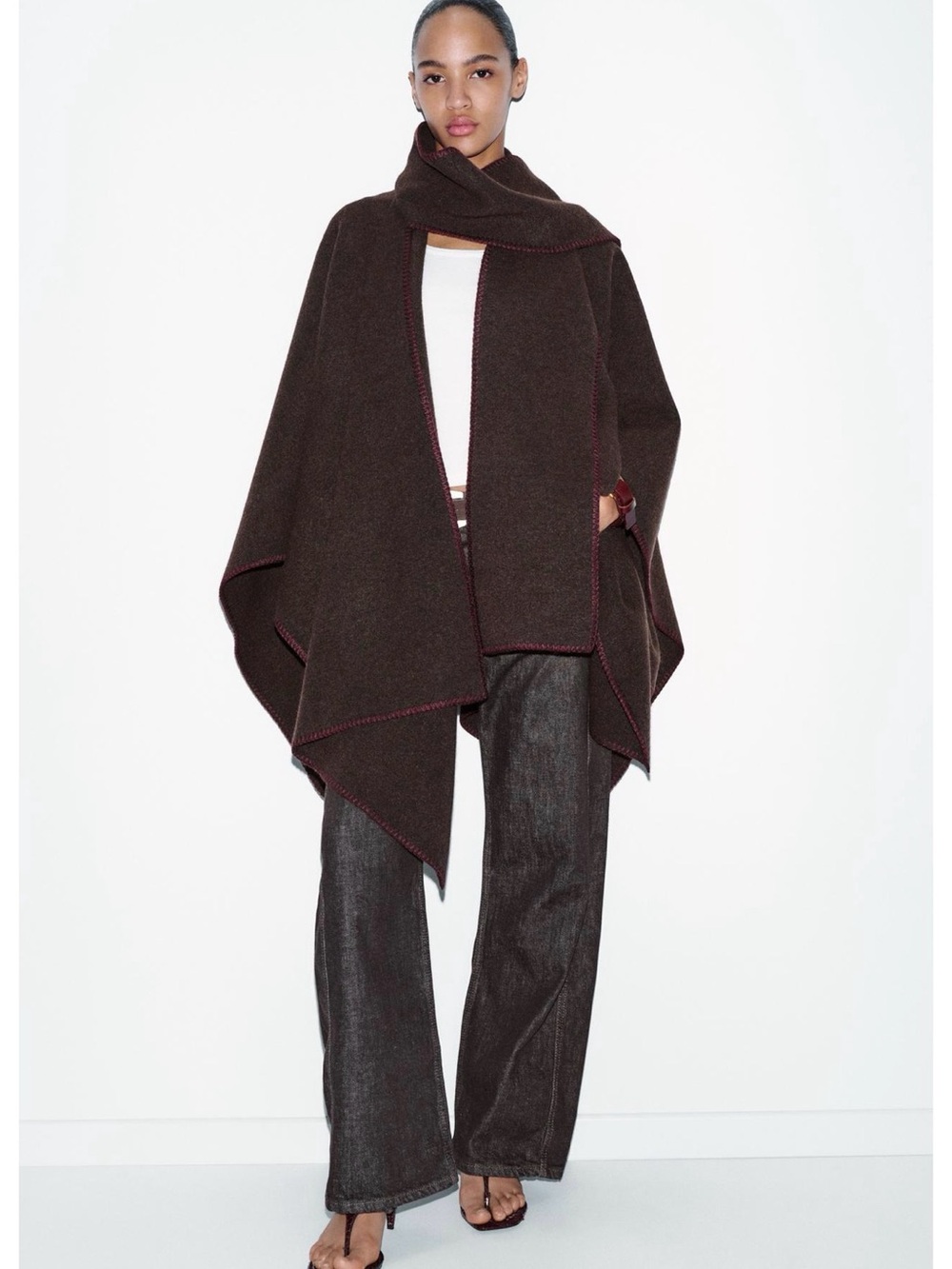 Zara Dark Brown Wrap Cape with Contrast Stitching
